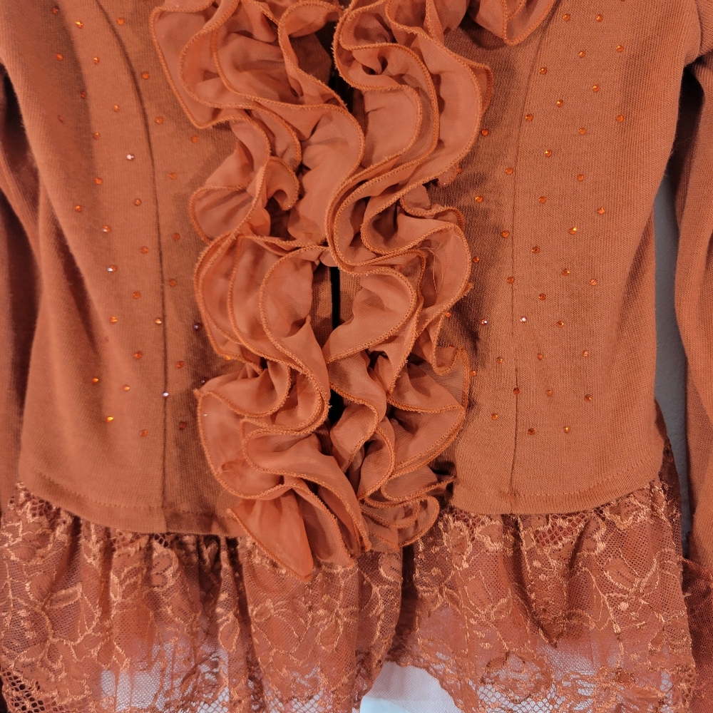 PRETTY ANGEL terracotta linen blend ruffle collar lace tulle trim cardigan - Picture 3 of 9